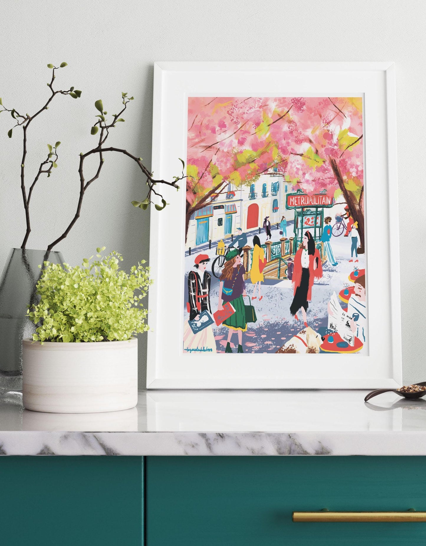 Paris Spring Wall Art-Almond Blossom Metro Illustration