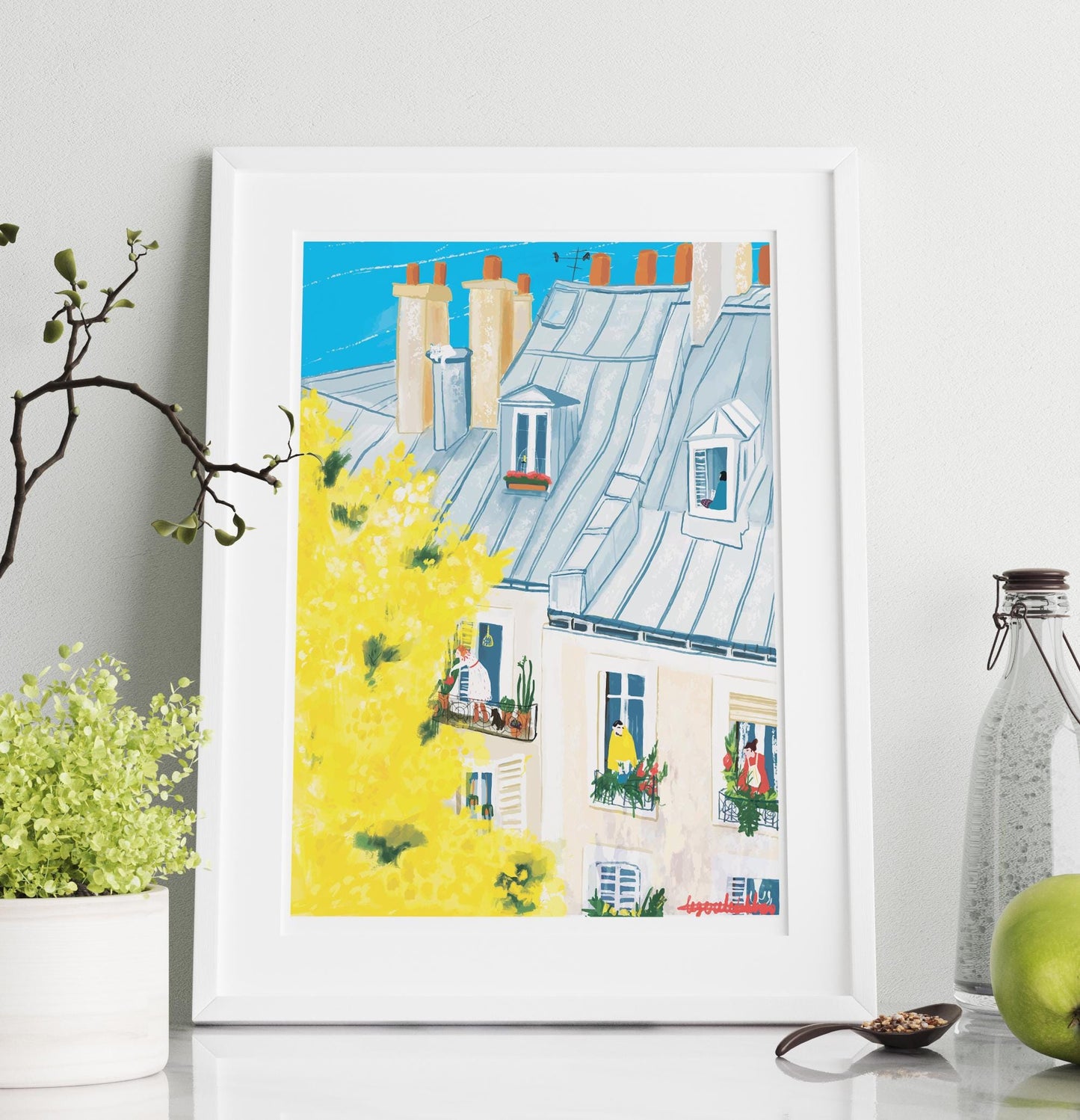 Paris Mimosa Wall Art -French Balcony Spring Print, Paris Rooftop Illustration