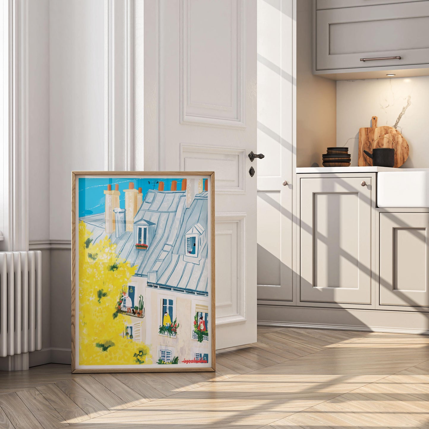 Paris Mimosa Wall Art -French Balcony Spring Print, Paris Rooftop Illustration
