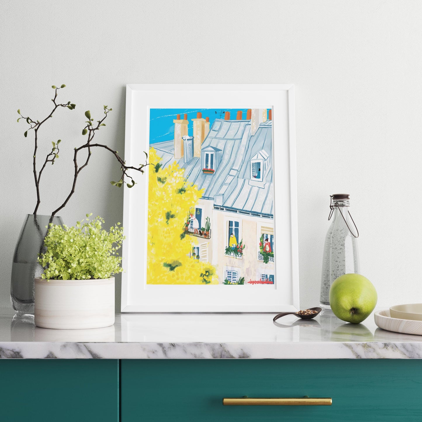 Paris Mimosa Wall Art -French Balcony Spring Print, Paris Rooftop Illustration