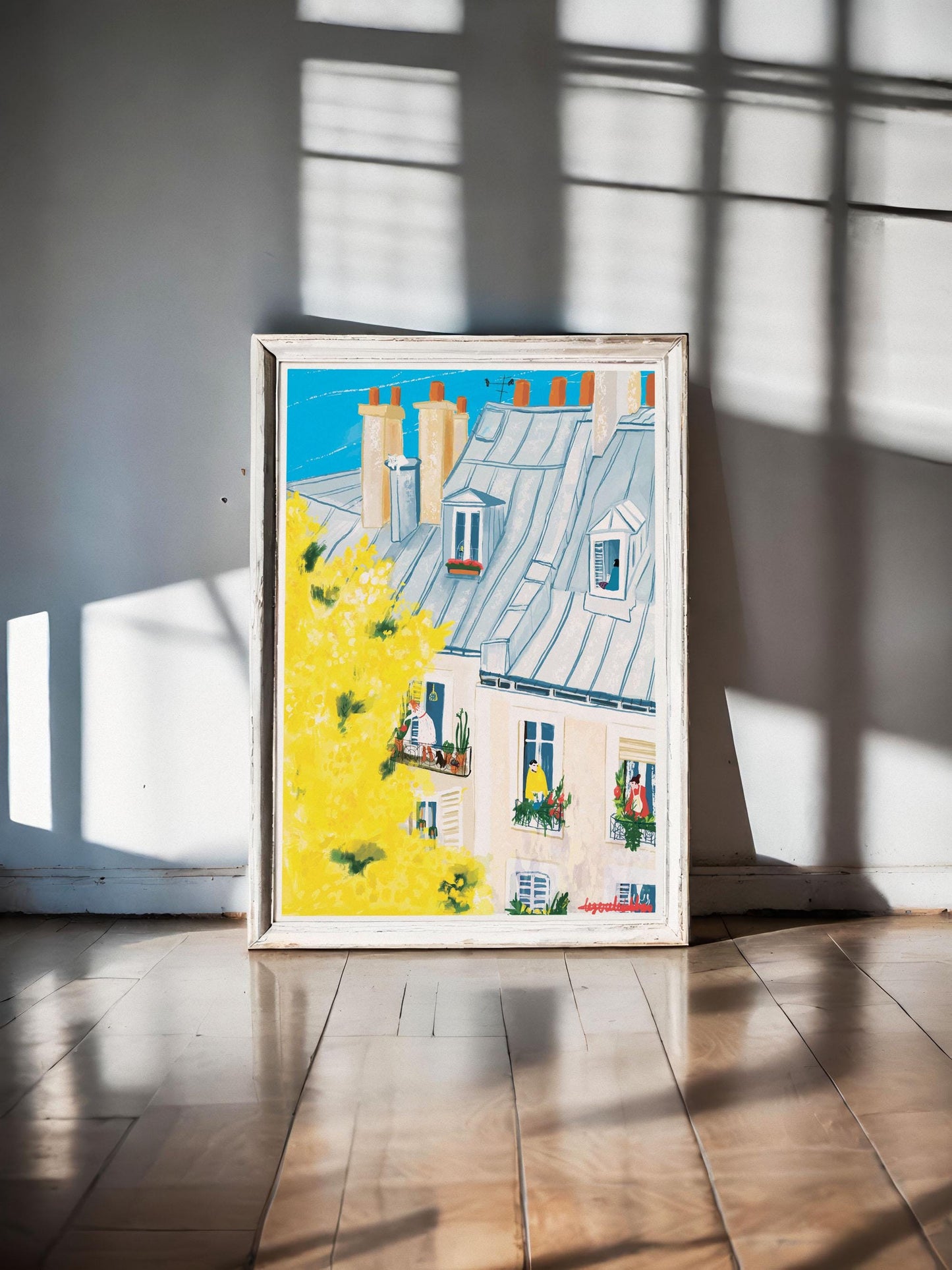 Paris Mimosa Wall Art -French Balcony Spring Print, Paris Rooftop Illustration