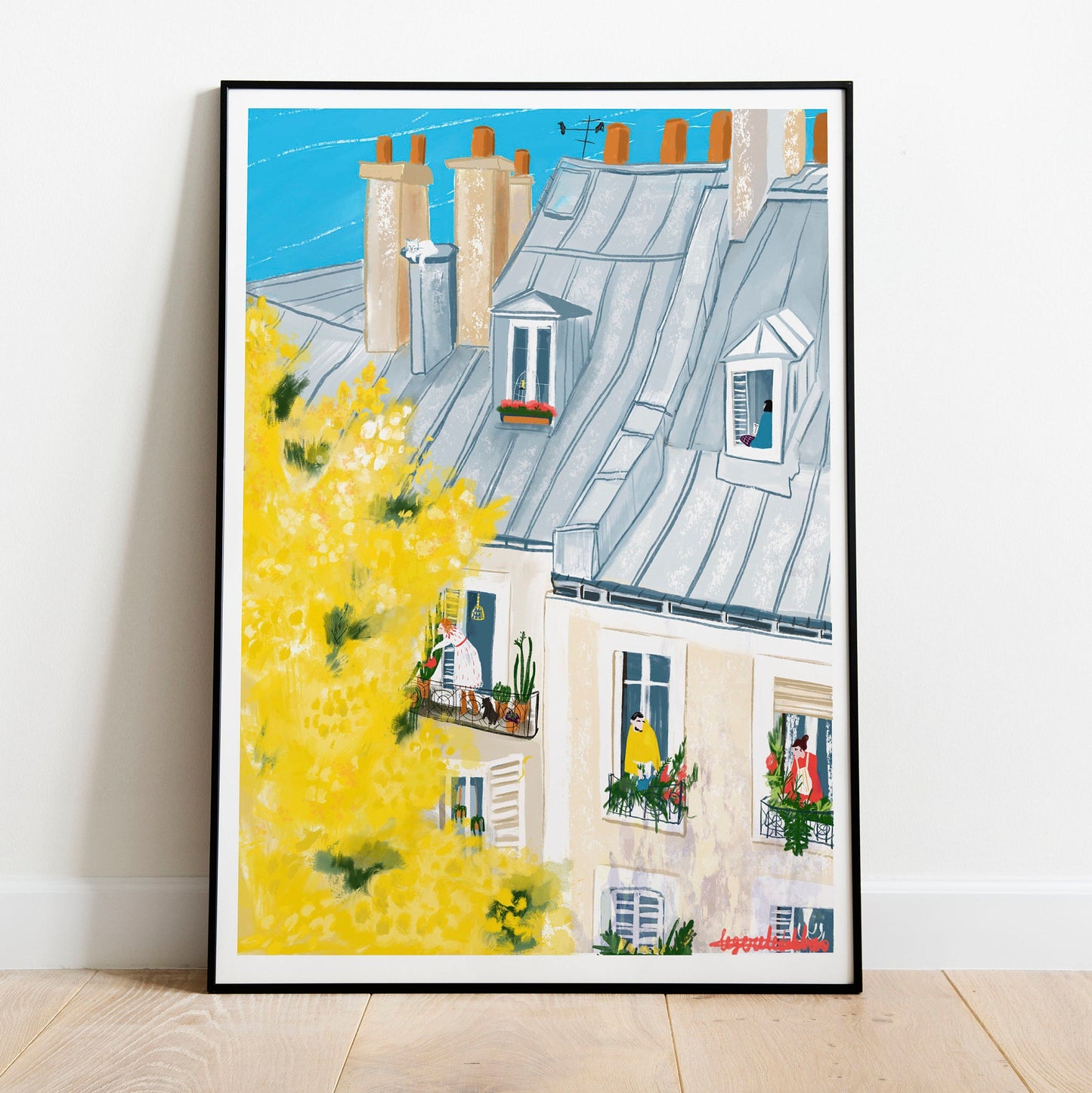 Paris Mimosa Wall Art -French Balcony Spring Print, Paris Rooftop Illustration
