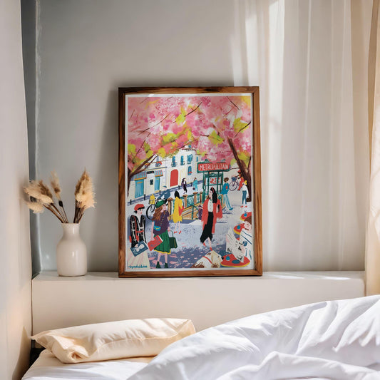 Paris Spring Wall Art-Almond Blossom Metro Illustration
