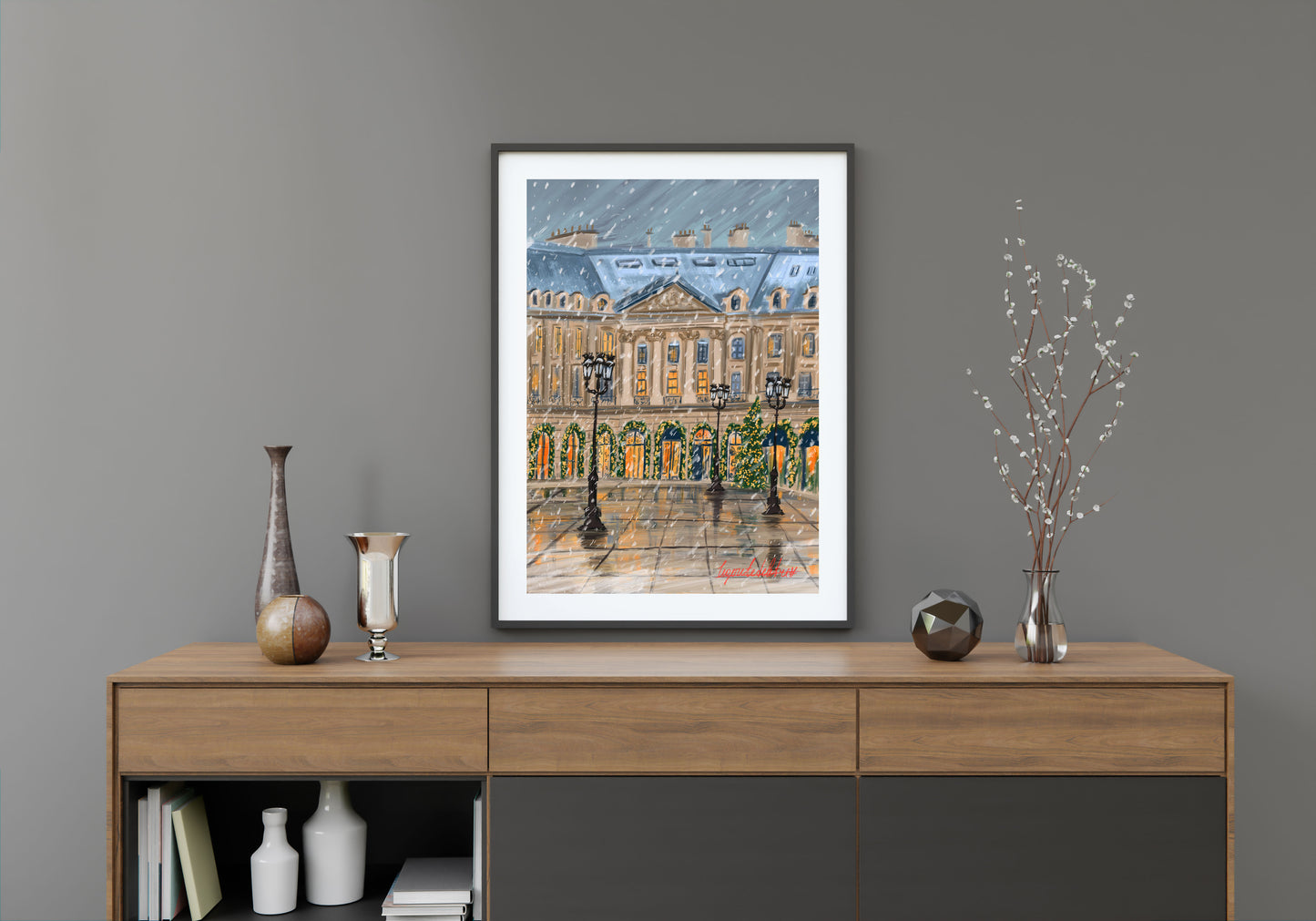 Paris winter holiday scene art poster