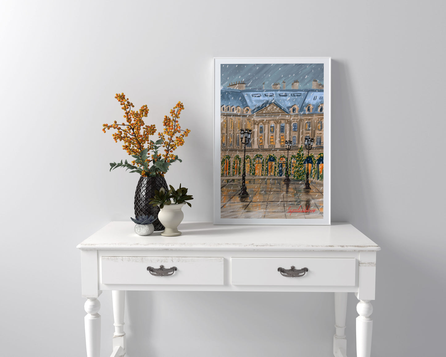 Paris winter holiday scene art poster