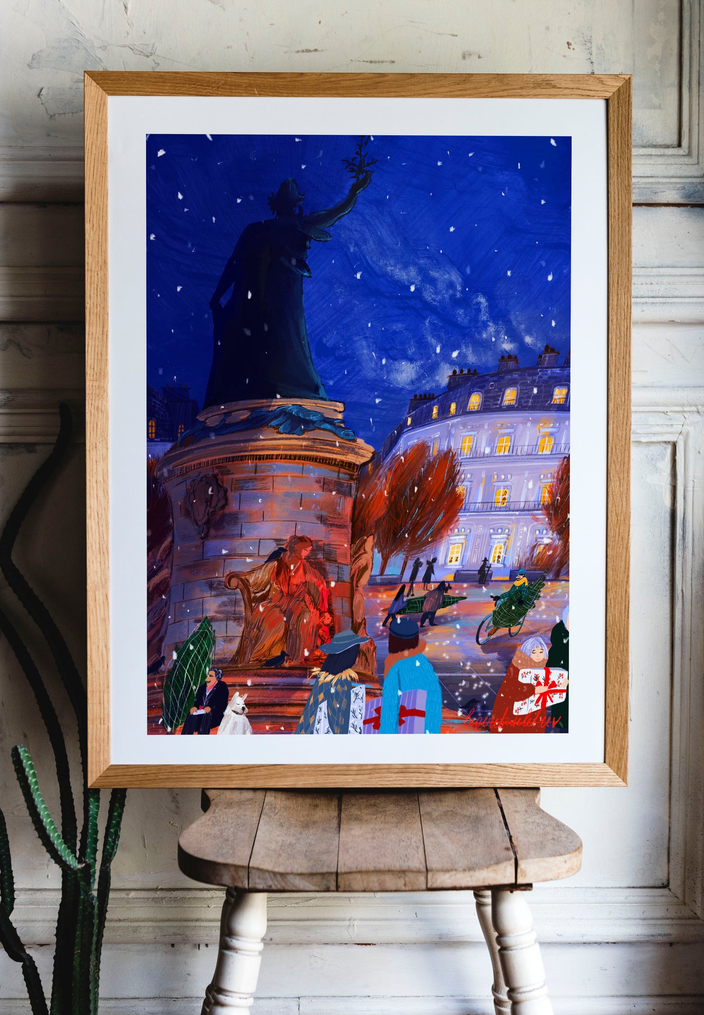 Christmas at Place de la République art poster|Christmas spirit wall art |Parisian Christmas ilustration