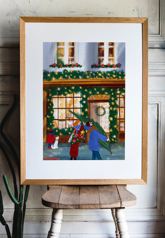 Parisian Christmas Tree Art Print: Family Holiday Decor