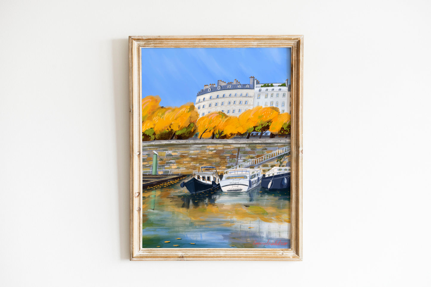 Paris Autumn Reflection Wall Art-Seine River Boats and Fall Colors Poster.Cozy Seasonal Decor.
