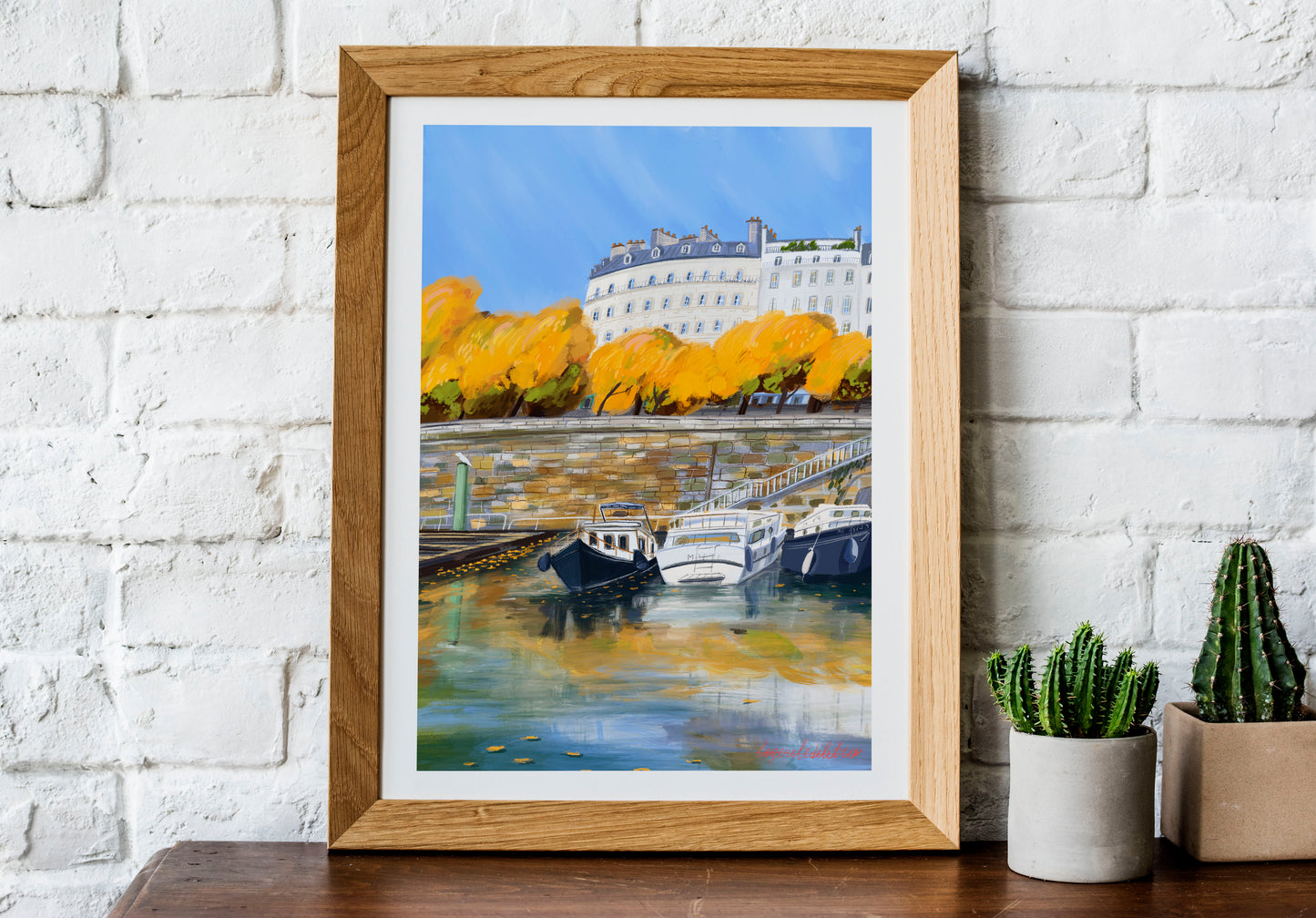 Paris Autumn Reflection Wall Art-Seine River Boats and Fall Colors Poster.Cozy Seasonal Decor.