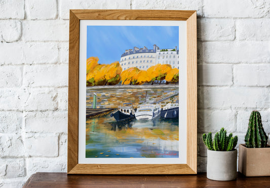 Paris Autumn Reflection Wall Art-Seine River Boats and Fall Colors Poster.Cozy Seasonal Decor.
