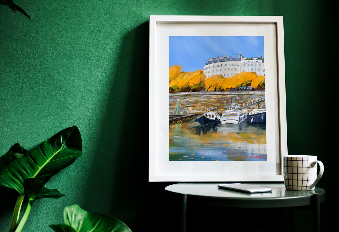 Paris Autumn Reflection Wall Art-Seine River Boats and Fall Colors Poster.Cozy Seasonal Decor.