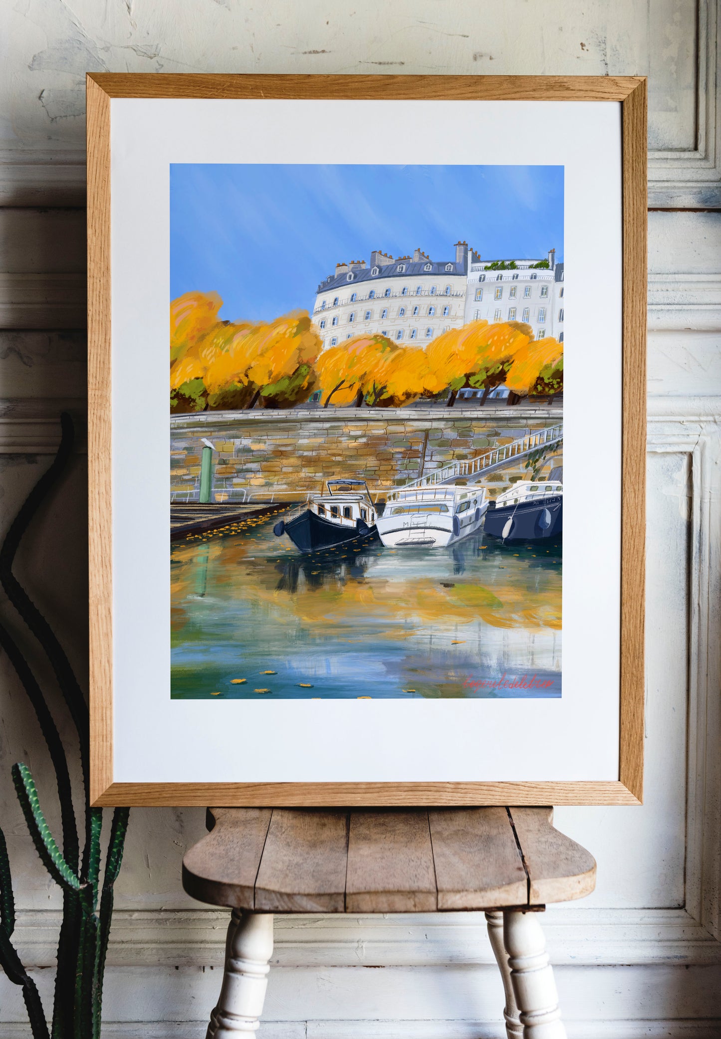 Paris Autumn Reflection Wall Art-Seine River Boats and Fall Colors Poster.Cozy Seasonal Decor.