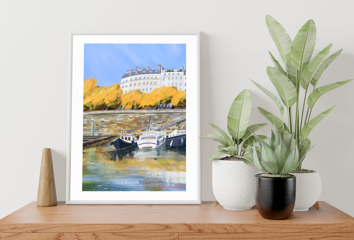 Paris Autumn Reflection Wall Art-Seine River Boats and Fall Colors Poster.Cozy Seasonal Decor.