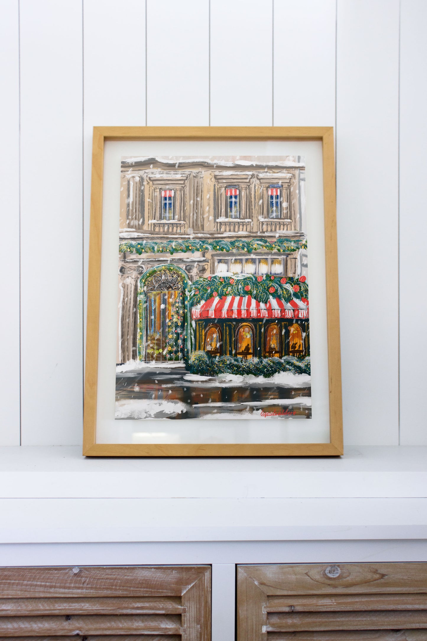 Parisian Christmas Scene art poster|A Snowy Holiday Moment in Paris |Festive Winter Wall Art