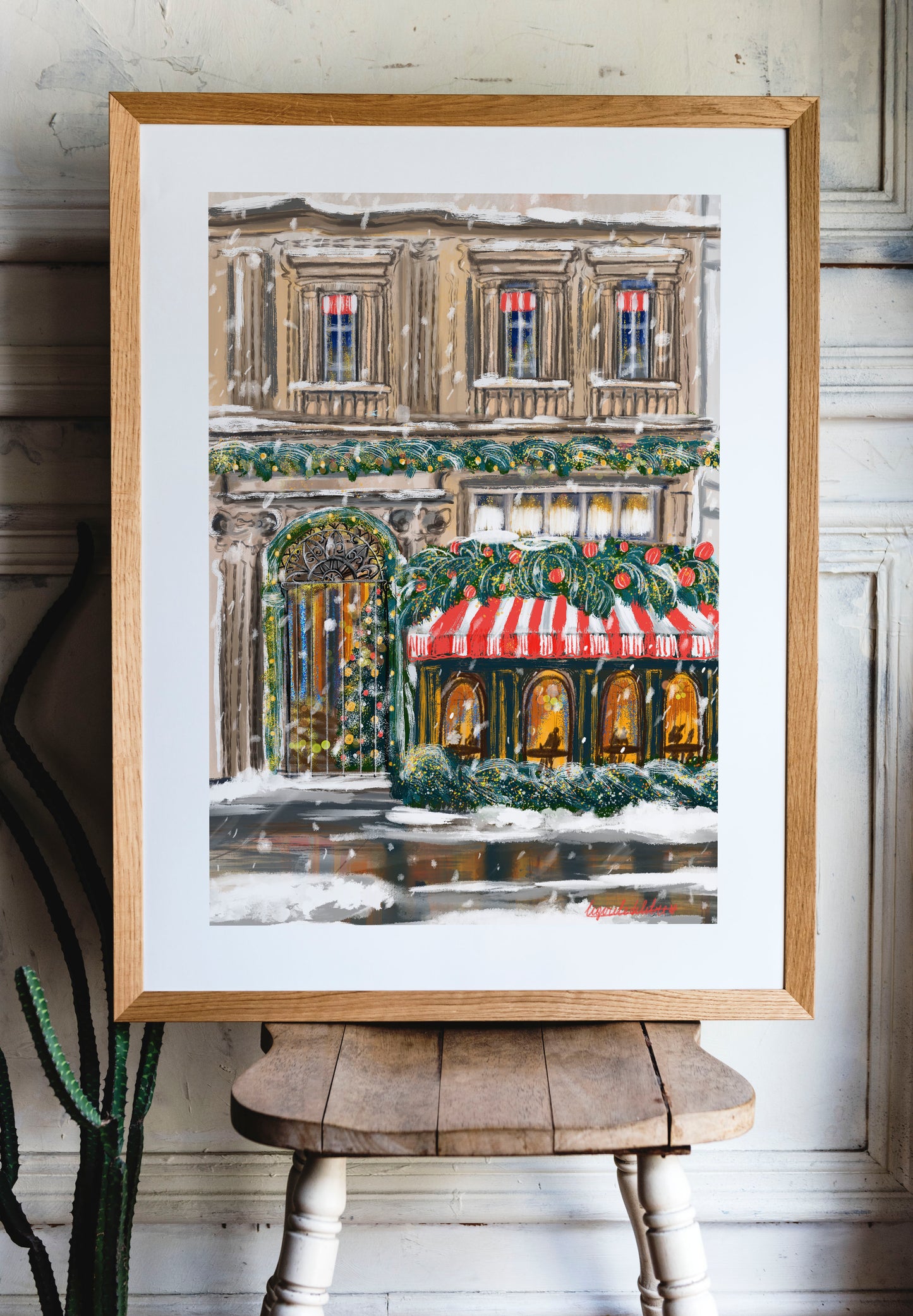Parisian Christmas Scene art poster|A Snowy Holiday Moment in Paris |Festive Winter Wall Art