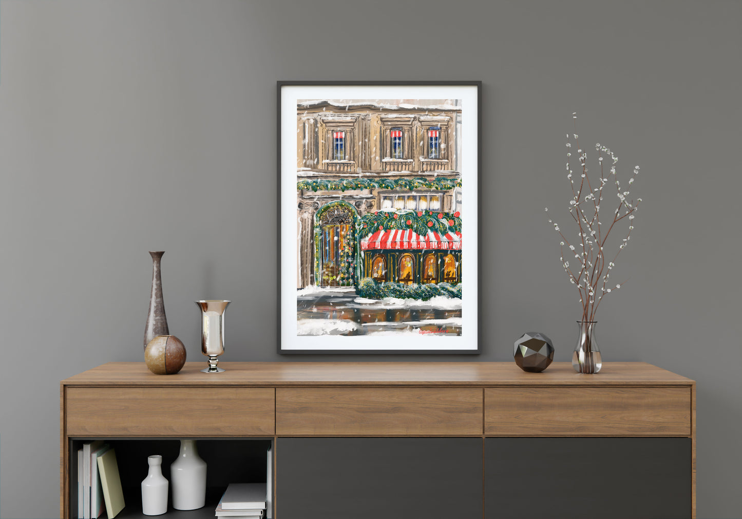 Parisian Christmas Scene art poster|A Snowy Holiday Moment in Paris |Festive Winter Wall Art