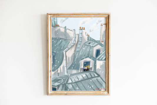 Paris Rooftop Winter Art Print: Parisian Grey Illustration