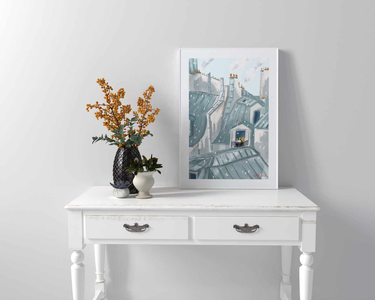 Paris Rooftop Winter Art Print: Parisian Grey Illustration