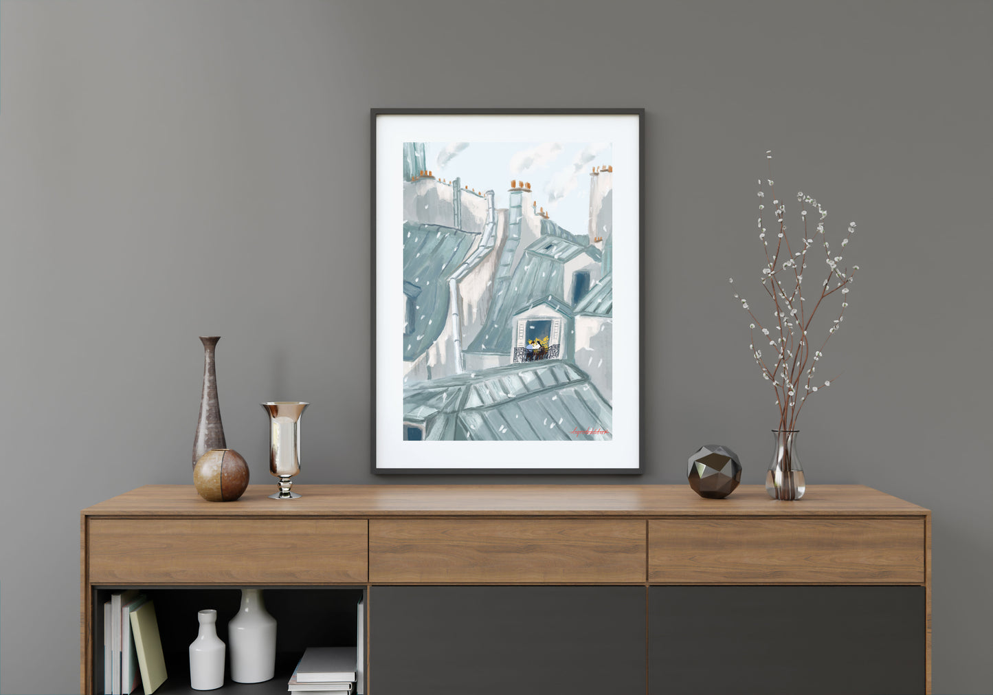 Paris Rooftop Winter Art Print: Parisian Grey Illustration