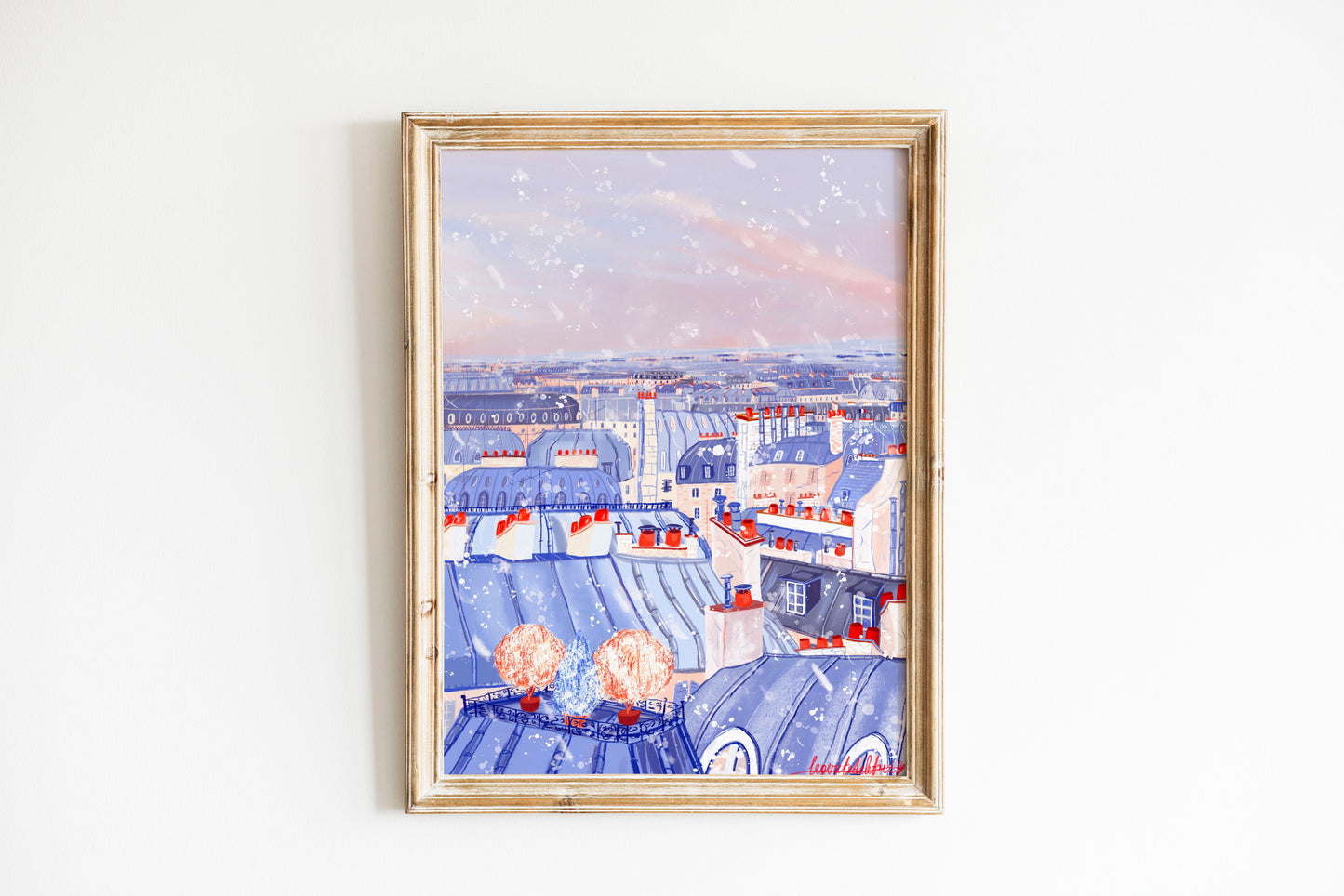 Parisian rooftops under the snow art poster