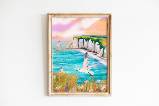 Etretat pink sunset art poster