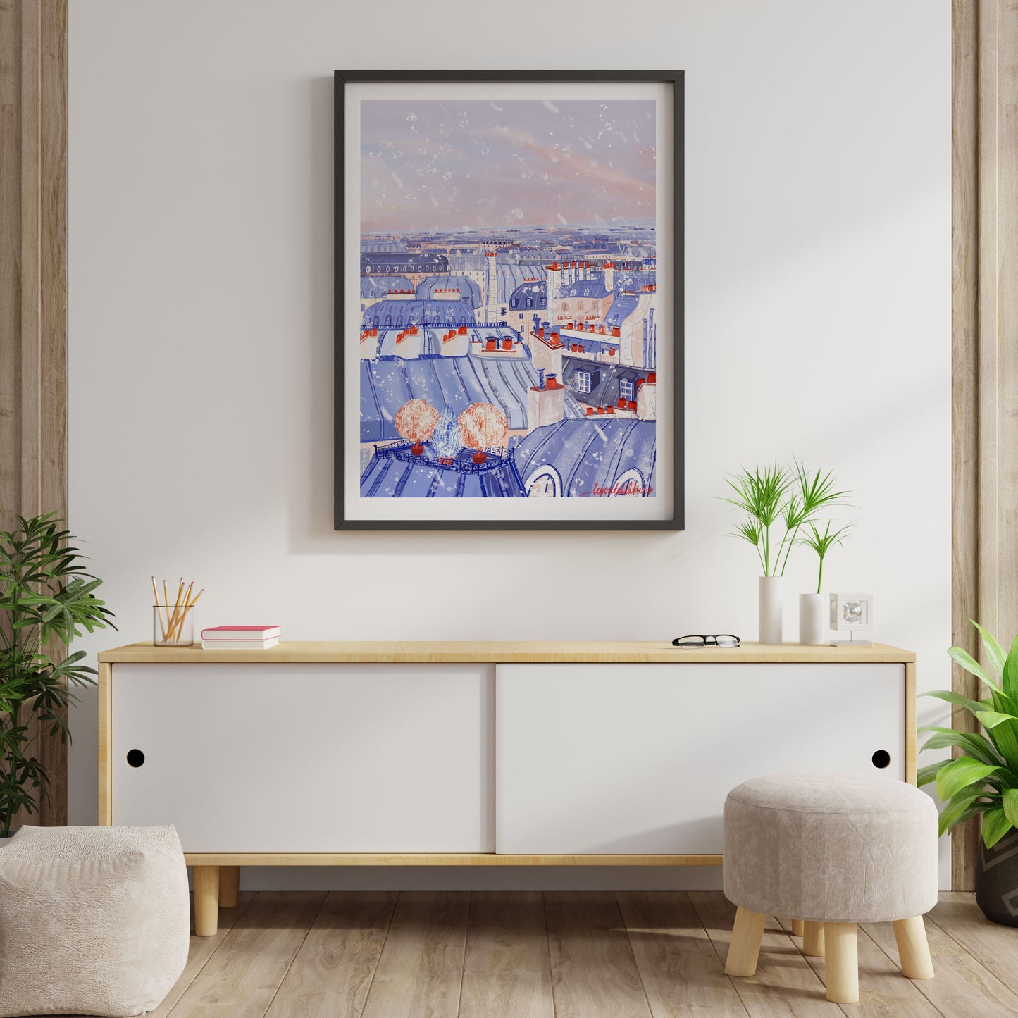 Parisian rooftops under the snow art poster