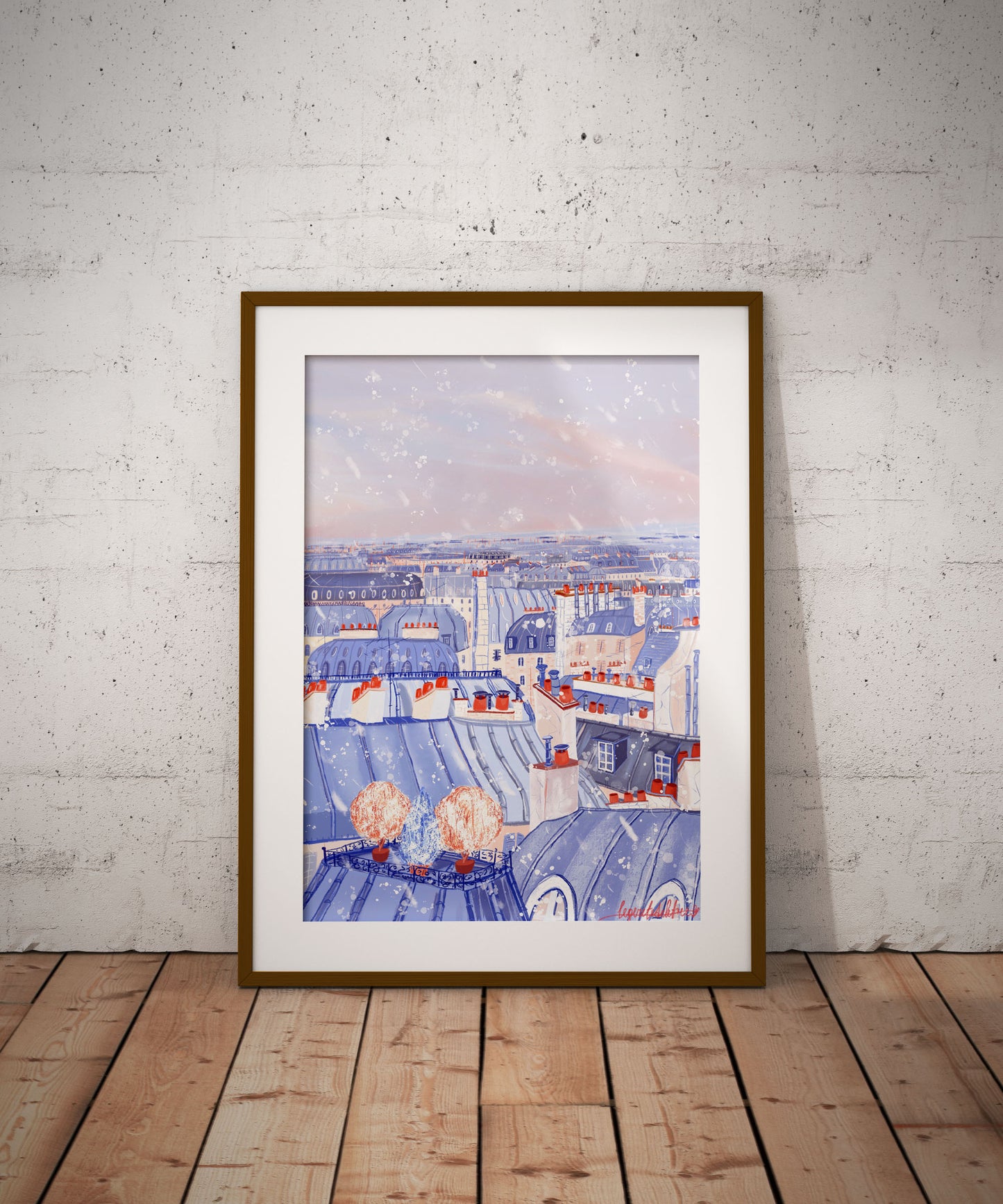 Parisian rooftops under the snow art poster