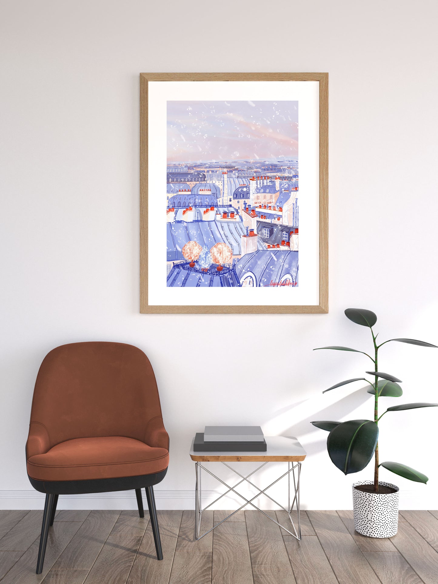 Parisian rooftops under the snow art poster