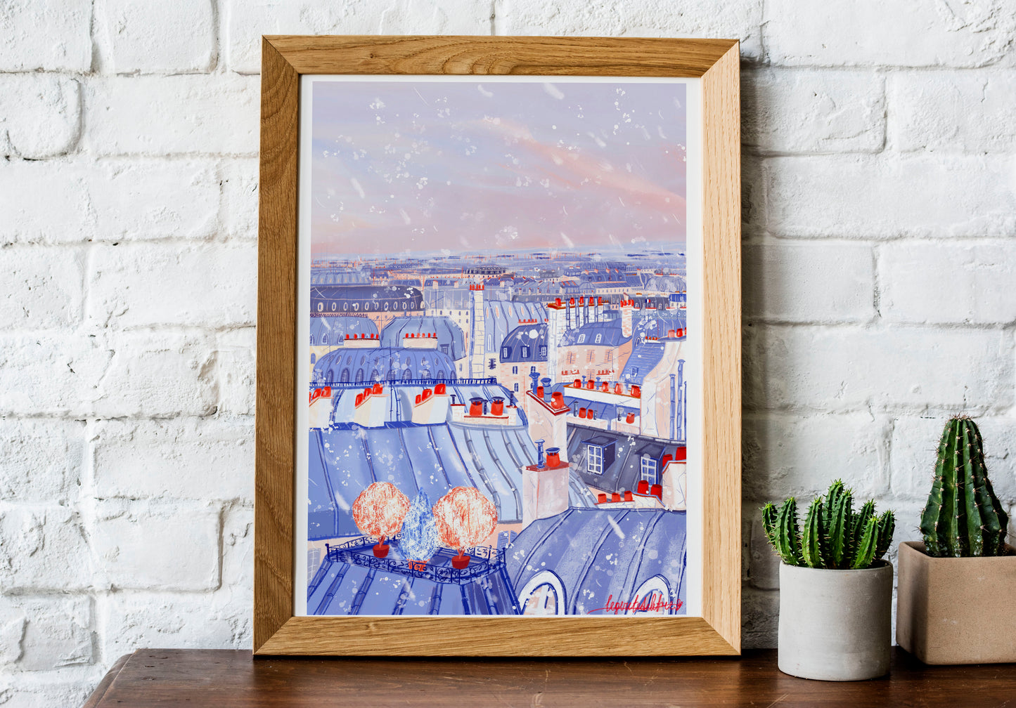 Parisian rooftops under the snow art poster