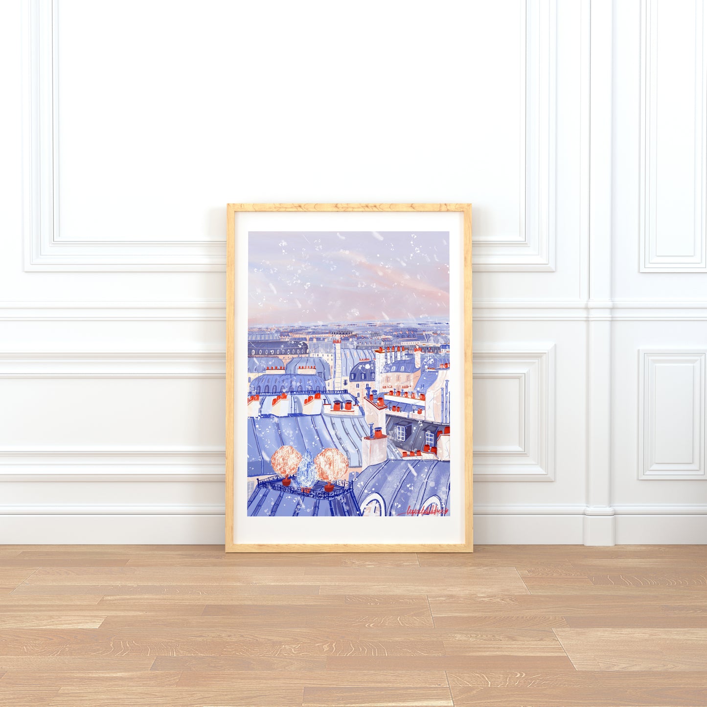 Parisian rooftops under the snow art poster